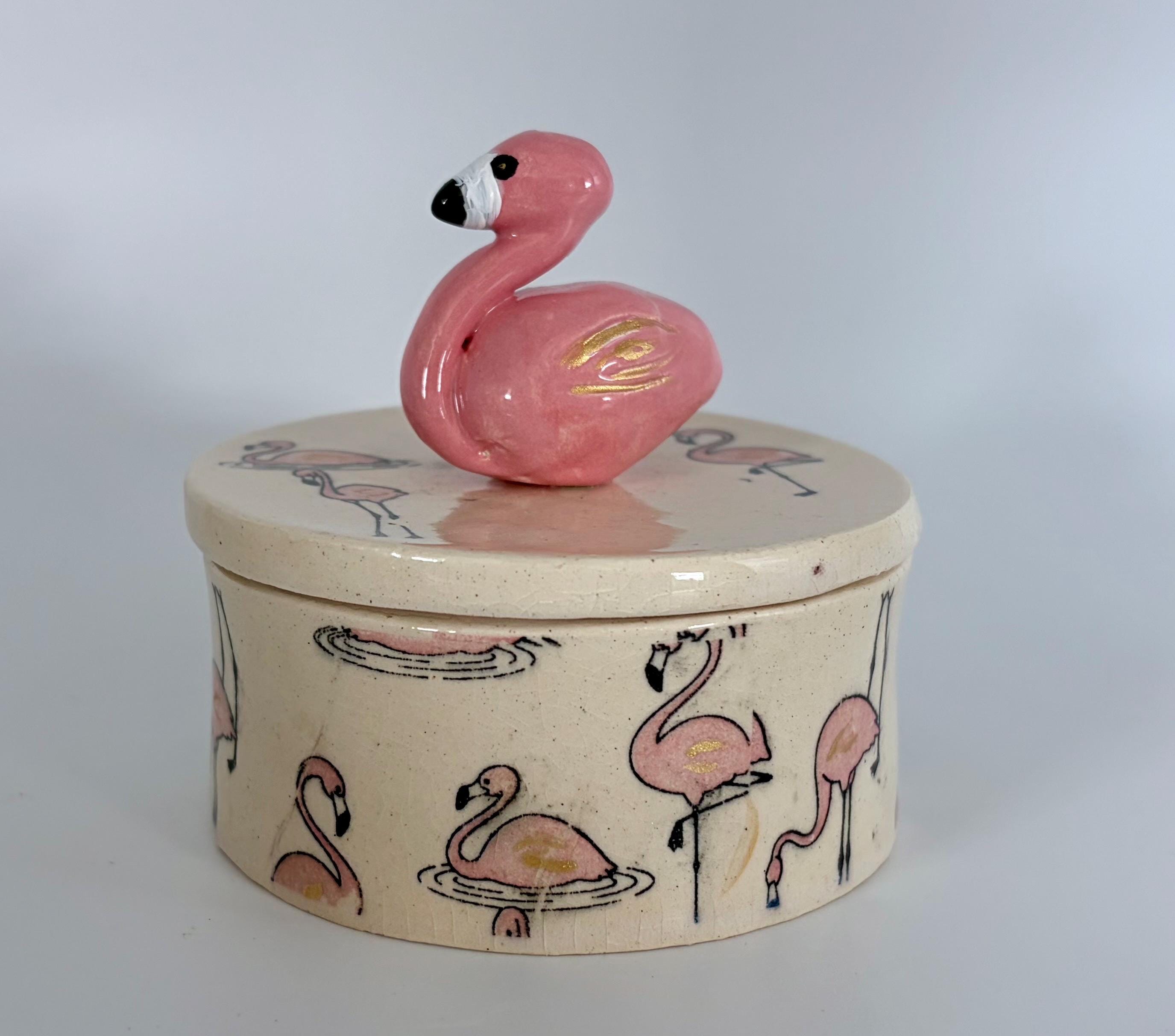 Handmade Flamingo Ceramic Lidded Jar – Sculpted Flamingo Handle