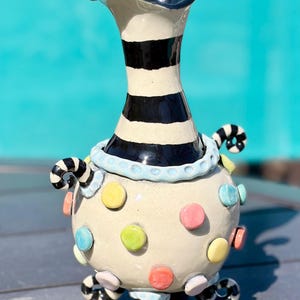 Handmade Funky Ceramic Vase – 8” Whimsical Sculptural Pottery with Colorful Dots & Striped Handles - Whimsical Oddlingsį