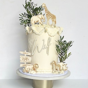 Safari Animals Engraved Cake Topper Christening Wooden Cake Topper Set Charm Personalised