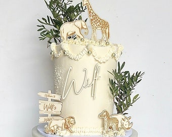 Safari Animals Engraved Cake Topper Christening Wooden Cake Topper Set Charm Personalised