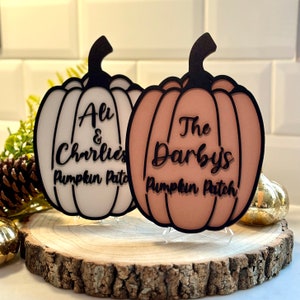 May include: Two pumpkin-shaped signs with black outlines and stems. One is white with the text "Ali & Charlie's Pumpkin Patch," and the other is peach with "The Darby's Pumpkin Patch." They sit on a wooden slice.