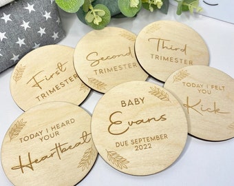 Personalised Wooden Pregnancy Milestone Discs Cards Keepsake Gift Newborn Handmade