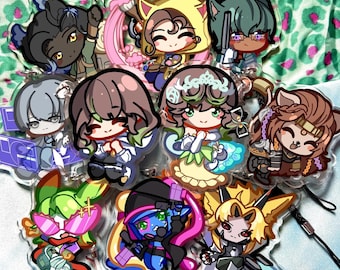 May include: A set of 10 colorful character acrylic charms with different designs. The charms feature characters with various hairstyles, clothing, and accessories. The charms are attached to strings and are perfect for adding a touch of personality to bags, backpacks, or keychains.