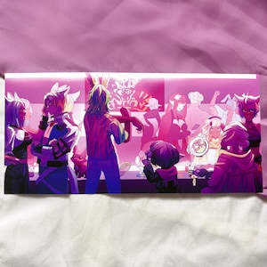 May include: A colourful illustration shows a group of stylised figures in a pink-toned environment. The artwork features characters with distinctive hairstyles and clothing, hinting at a fantasy or anime theme. The scene includes various poses and interactions.
