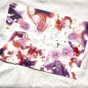 May include: A print featuring a group of anime-style characters surrounded by white flowers. The characters have various hair colors and are dressed in detailed outfits. The artwork has a soft, pastel color palette.