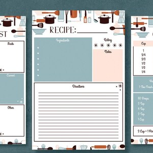 May include: A printable kitchen planner with three sections: a grocery list, a recipe template, and a kitchen conversion chart. The grocery list has categories for produce, dairy, meat, frozen food, freezer, condiments, baking spices, and other. The recipe template has sections for ingredients, rating, notes, and instructions. The kitchen conversion chart includes conversions for cups, ounces, tablespoons, and teaspoons, as well as a chart of meat temperatures.