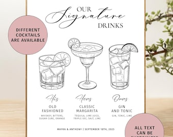 Wedding signature cocktail sign Custom signature cocktails sign Sketch drink menu sign Wedding bar sign Minimalist cocktail bar menu sign