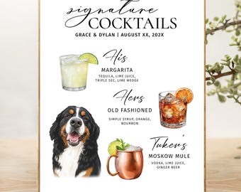 His Hers and Dog signature cocktail Wedding signature drink sing dog Signature cocktails animal menu Custom dogs bar menu Wedding bar sign