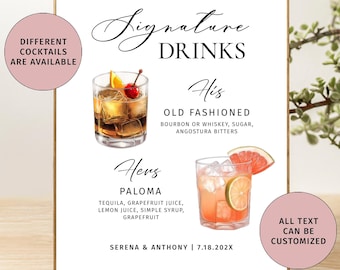 Wedding signature drink sign Signature cocktails sign Wedding drink menu custom bar signs Wedding cocktails bar menu Signature drink menu
