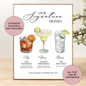 Panneau de cocktail signature personnalisé pour mariage Panneau de menu de boissons Cocktail signature de mariage Panneau de bar personnalisé Panneaux de boissons signature de carte de cocktail de mariage