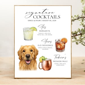 Letrero de cóctel exclusivo para él y para ella, bebida personalizada para perro, letrero de bebidas exclusivas con perro, letrero de menú de bebidas para bodas, menú de bebidas para mascotas personalizado para bodas