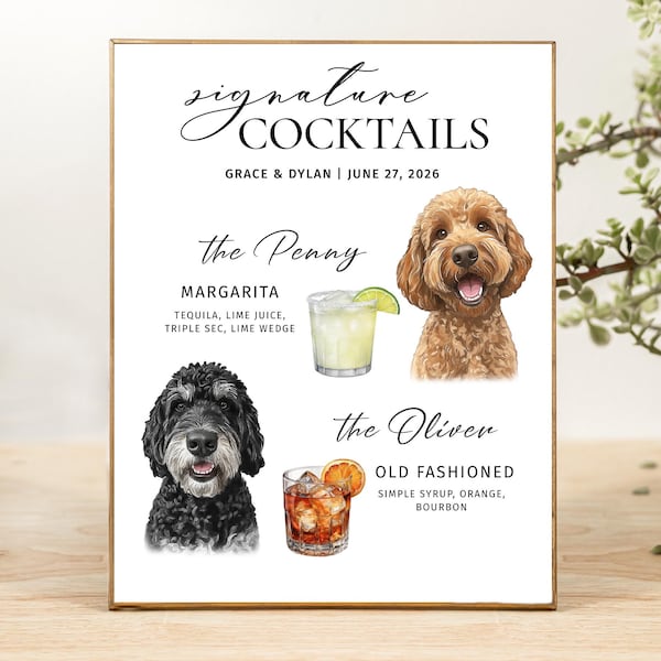 Cóctel exclusivo para perros Letrero de bebida personalizada para perros Letrero de bebida exclusiva para perros Letrero de menú de bar personalizado para mascotas Bebida personalizada para mascotas Dos mascotas + Dos bebidas