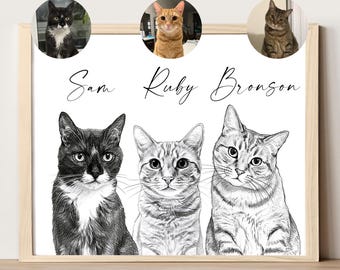 Schizzo personalizzato di tre animali domestici, disegno personalizzato di cane e gatto (download digitale) Schizzo personalizzato di più cani da foto