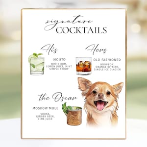 Letrero de bebida personalizado para perro Letrero de bebida de boda con firma Letrero de bar con firma de perro personalizado Nombres de menú de cócteles de boda Mascotas