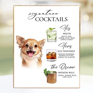 Cocktails exclusifs His Hers and Dog Wedding signe pour boisson signature avec chien Boissons personnalisées chantées Menu bar mariage Signes mariage chiens