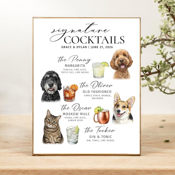 Signature wedding drink Menu for wedding signature drink names Dog custom drink sing Dog signature cocktail Custom pet bar menu sing