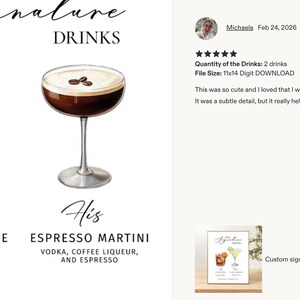 Pu&ograve; includere: Una stampa digitale con il testo Signature Drinks e due illustrazioni. Una &egrave; un cocktail rosa Blushing Bride con menta, l'altra un Espresso Martini con chicchi di caff&egrave;. Gli ingredienti sono elencati sotto ogni nome di bevanda.