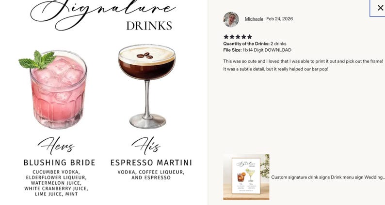 Pu&ograve; includere: Una stampa digitale con il testo Signature Drinks e due illustrazioni. Una &egrave; un cocktail rosa Blushing Bride con menta, l'altra un Espresso Martini con chicchi di caff&egrave;. Gli ingredienti sono elencati sotto ogni nome di bevanda.