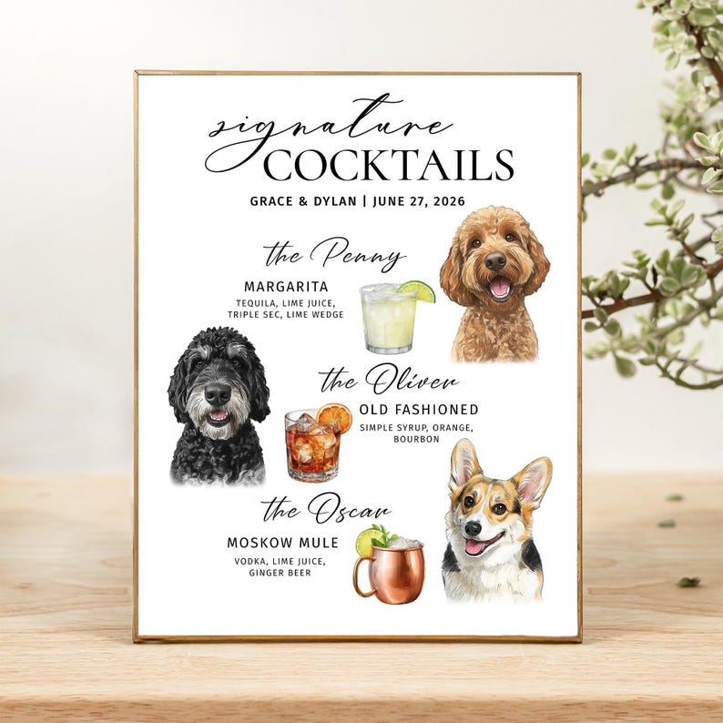 Signature wedding drink Menu for wedding signature drink names Dog custom drink sing Dog signature cocktail Custom pet bar menu sing 3 Pets