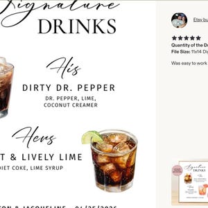 Pu&ograve; includere: Un menu digitale per cocktail nuziali con il testo Signature Drinks, His Dirty Dr. Pepper con Dr. Pepper, lime e crema di cocco, e Hers Light & Lively Lime con Diet Coke e sciroppo di lime, incluse due illustrazioni di cocktail.