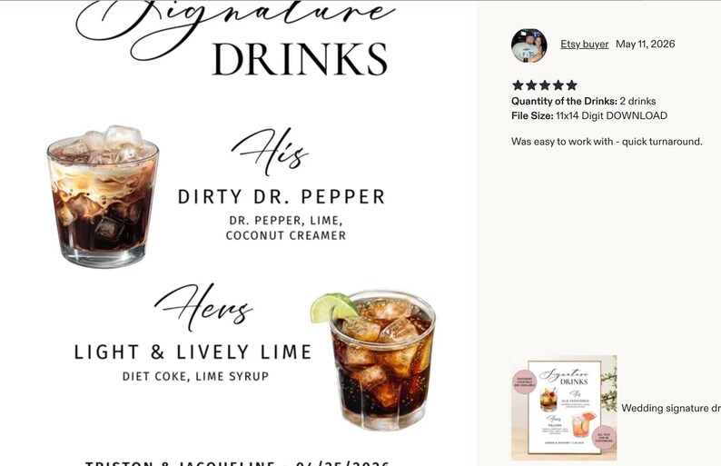 Pu&ograve; includere: Un menu digitale per cocktail nuziali con il testo Signature Drinks, His Dirty Dr. Pepper con Dr. Pepper, lime e crema di cocco, e Hers Light & Lively Lime con Diet Coke e sciroppo di lime, incluse due illustrazioni di cocktail.