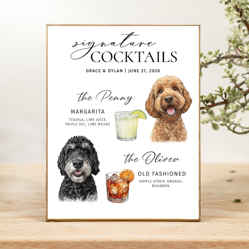 Signature wedding drink Menu for wedding signature drink names Dog custom drink sing Dog signature cocktail Custom pet bar menu sing 2 Pets