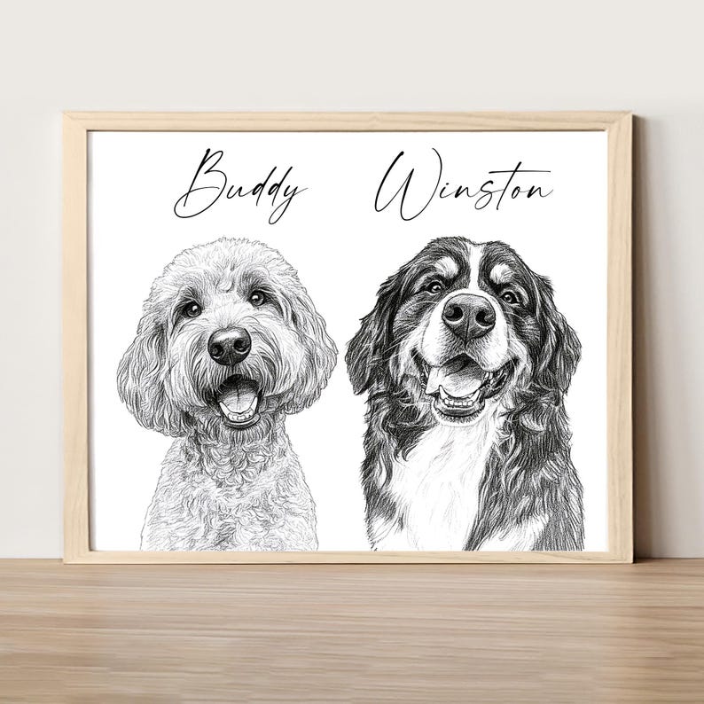 Schizzo di cane personalizzato da foto Ritratto di animale domestico digitale disegnato a mano Ritratto di cane personalizzato DOWNLOAD DIGITALE Regalo commemorativo per animali domestici 2 Pets