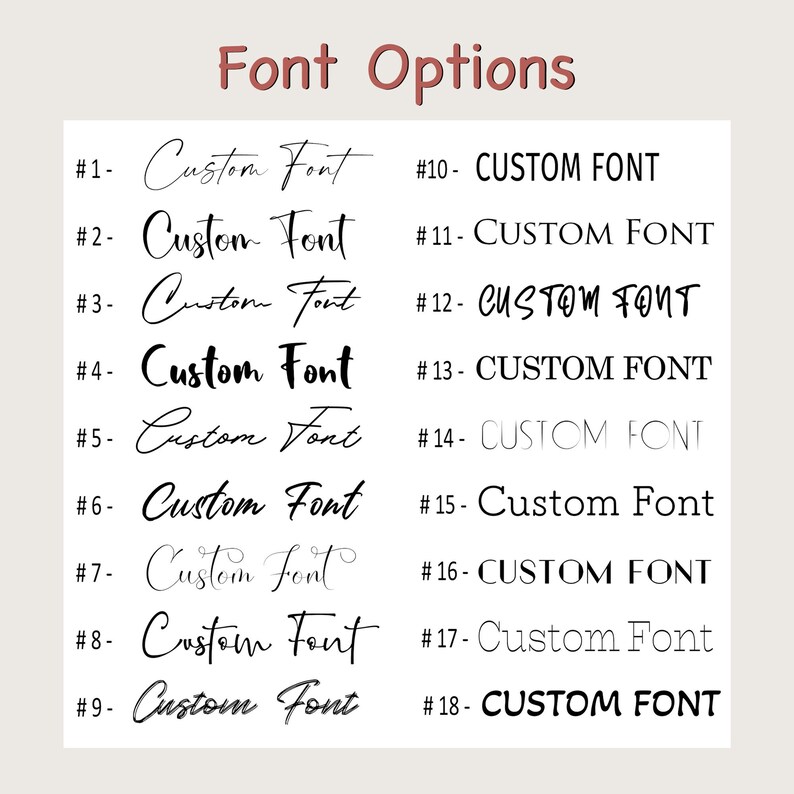 Pode incluir: Uma lista de 18 op&ccedil;&otilde;es de fontes diferentes para personalizar o texto. Cada fonte &eacute; numerada e etiquetada como "Custom Font" ou "CUSTOM FONT".