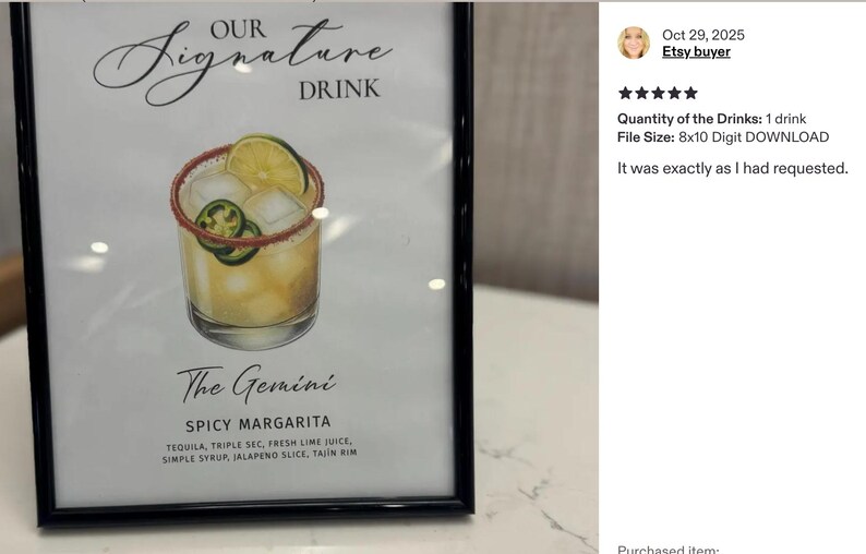 Pu&ograve; includere: Un cartello incorniciato con il testo Our Signature Drink, The Gemini e Spicy Margarita. Sotto il testo c'&egrave; un elenco di ingredienti: tequila, triple sec, succo di lime, sciroppo, fetta di jalape&ntilde;o, bordo al tajin e un'illustrazione.