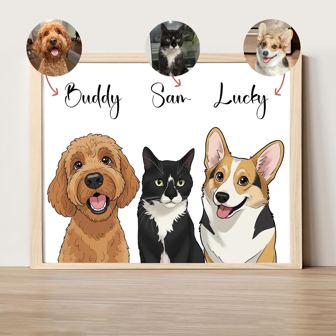 Cartoon Dog Portrait Custom and Personalized Three Pet Portrait Custom ...