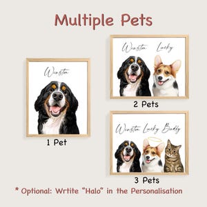 May include: Three different sized printable pet portrait templates with a white background. The templates show a Bernese Mountain Dog, a Corgi, and a cat. The text on the templates reads "Winston", "Lucky", and "Buddy".