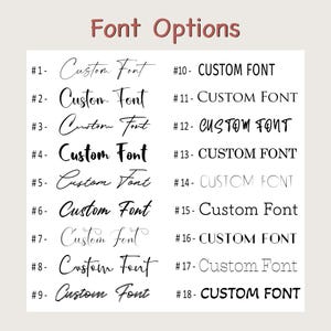 May include: A list of 18 different font options for customizing text. Each font is numbered and labeled "Custom Font" or "CUSTOM FONT".