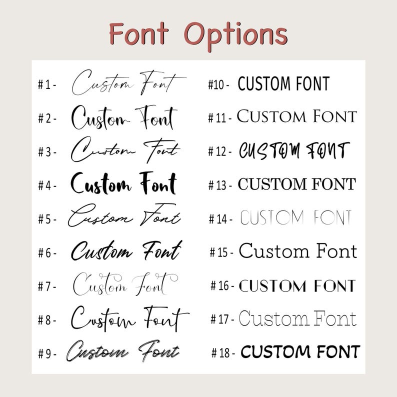 May include: A list of 18 different font options for customizing text. Each font is numbered and labeled "Custom Font" or "CUSTOM FONT".