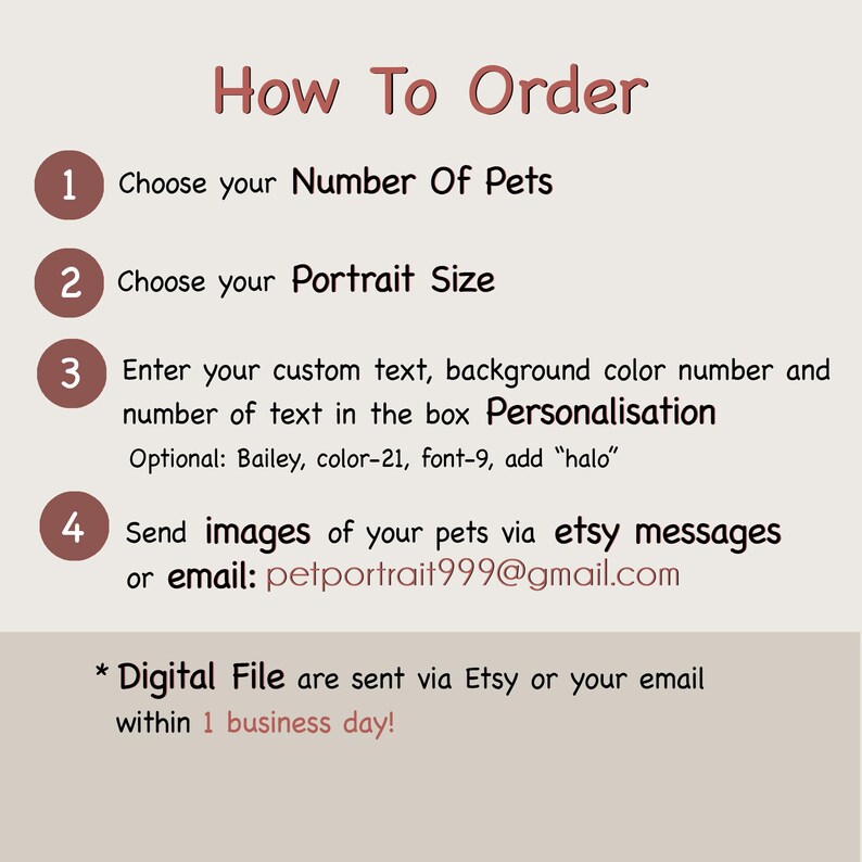May include: How to order a custom pet portrait.  Choose the number of pets, portrait size, and personalize with text, background color, and font.  Send images of your pets via Etsy messages or email: petportrait999@gmail.com.  Digital files are sent via Etsy or email within 1 business day.
