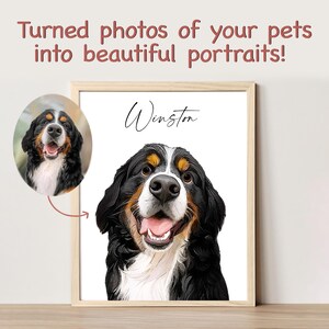Pode incluir: Um retrato emoldurado de um c&atilde;o de montanha bern&ecirc;s chamado Winston. O c&atilde;o est&aacute; sorrindo com a l&iacute;ngua para fora e tem uma pelagem branca, preta e marrom. O retrato est&aacute; sobre um fundo branco.