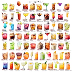 Pu&ograve; includere: Un grafico completo intitolato COCKTAILS che presenta 72 illustrazioni numerate di varie bevande miscelate in diversi bicchieri, ognuna etichettata con il proprio nome specifico, dall'Absinthe al Grapefruit Spritz.