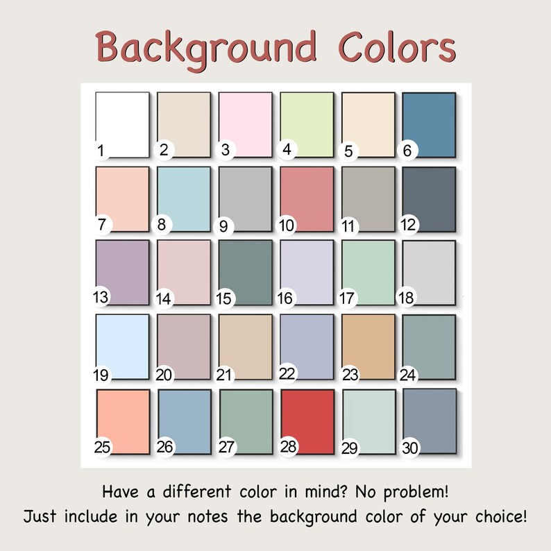 May include: A chart of 30 different background colors, numbered 1 through 30. The colors range from white to light blue, pink, and gray.