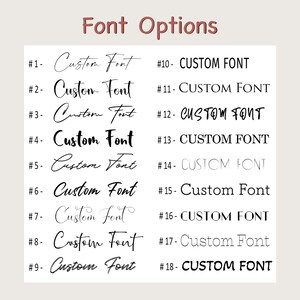 Pu&ograve; includere: Un elenco di 18 diverse opzioni di font per personalizzare il testo. Ogni font &egrave; numerato ed etichettato "Custom Font" o "CUSTOM FONT".