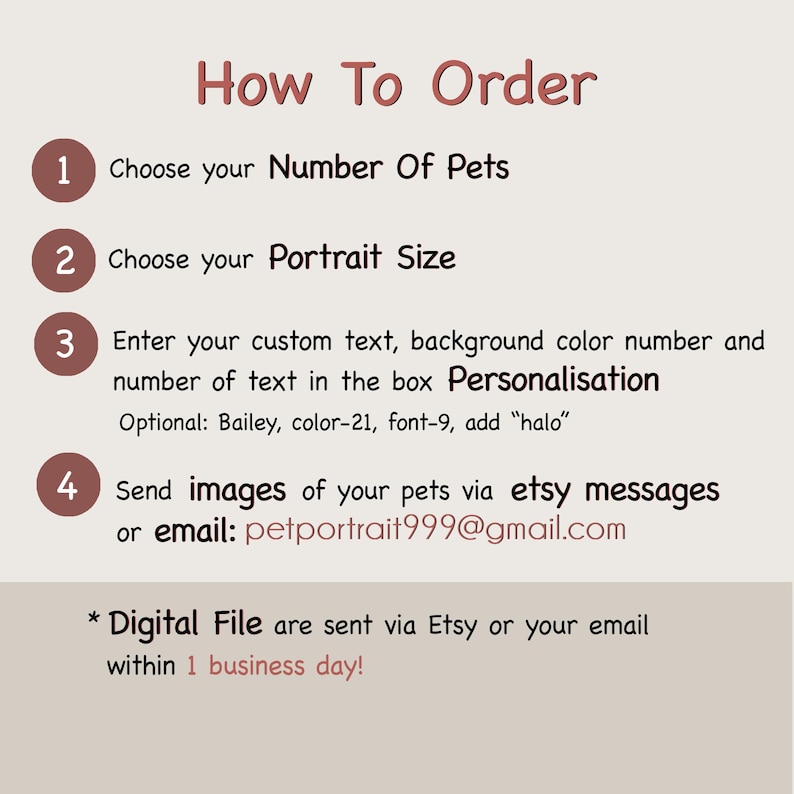 Pode incluir: Como encomendar um retrato personalizado de animais de estima&ccedil;&atilde;o. Escolha o n&uacute;mero de animais de estima&ccedil;&atilde;o, o tamanho do retrato e personalize-o com texto, cor de fundo e fonte. Envie imagens dos seus animais de estima&ccedil;&atilde;o atrav&eacute;s de mensagens Etsy ou por e-mail: petportrait999@gmail.com. Os arquivos digitais s&atilde;o enviados atrav&eacute;s de Etsy ou por e-mail dentro de 1 dia &uacute;til.