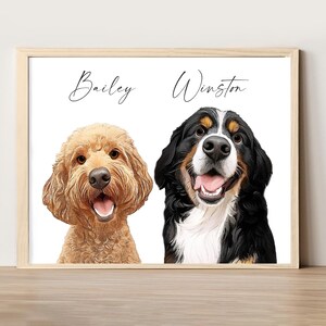 May include: A digital illustration of two dogs, Bailey and Winston. Bailey is a light brown doodle with a white chest and Winston is a Bernese Mountain Dog with black, white, and brown fur.