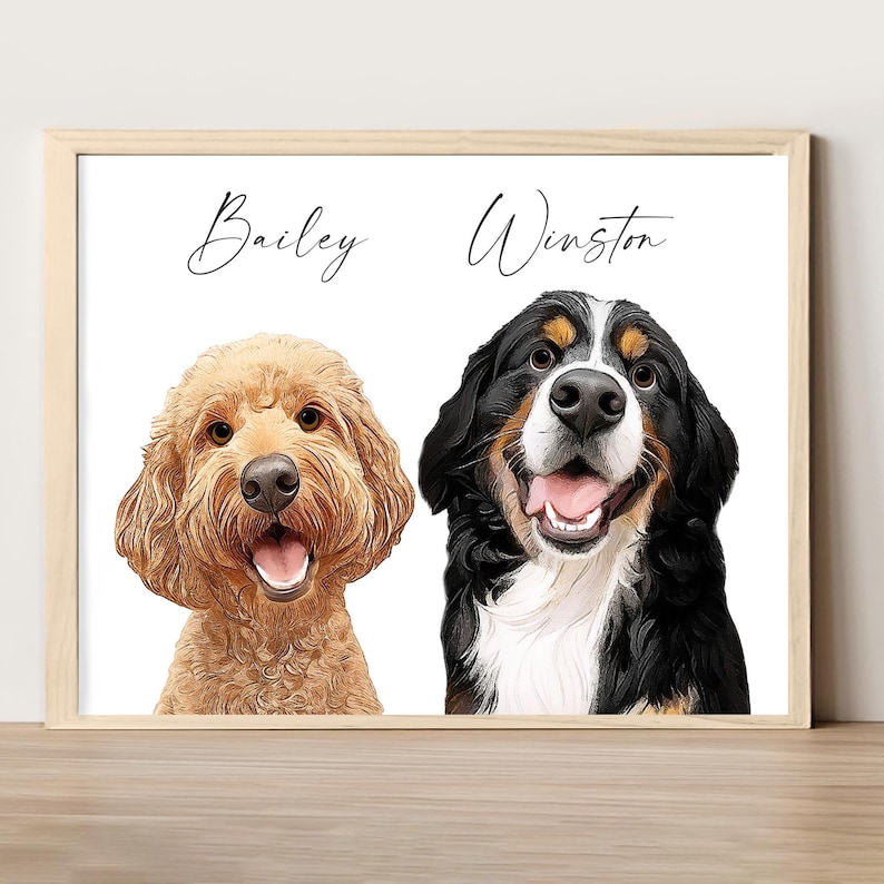 May include: A digital illustration of two dogs, Bailey and Winston. Bailey is a light brown doodle with a white chest and Winston is a Bernese Mountain Dog with black, white, and brown fur.