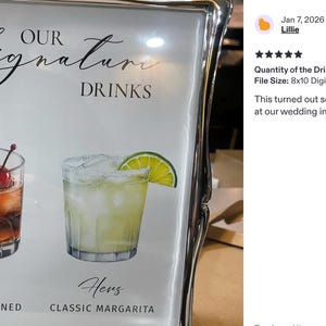 Pu&ograve; includere: Un cartello incorniciato con il testo OUR SIGNATURE DRINKS, raffigurante un cocktail Old Fashioned etichettato HIS e un Margarita classico etichettato HERS, presentato in una cornice color argento su sfondo bianco.