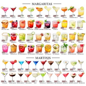May include: A colorful chart of 44 different margarita and martini cocktails. Each cocktail is illustrated with a glass filled with a different colored liquid and garnished with various fruits, vegetables, and spices. The chart is titled "Margaritas" and "Martinis" at the top.