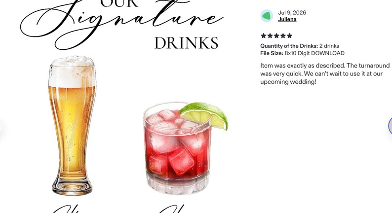 Pu&ograve; includere: Un grafico digitale intitolato OUR SIGNATURE DRINKS che mostra un bicchiere alto di birra dorata con schiuma bianca e un bicchiere basso di cocktail rosso con cubetti di ghiaccio e una fetta di lime, accanto a una recensione.