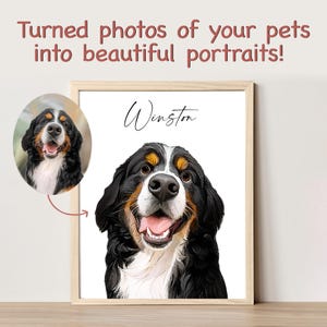 May include: A framed portrait of a Bernese Mountain Dog named Winston. The dog is smiling with its tongue out and has a white, black, and brown coat. The portrait is on a white background.