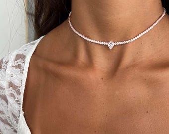 Gargantilla de tenis de plata de ley 925 con colgante de lágrima de circonita cúbica en forma de pera, elegante collar chapado en oro rosa para mujer.