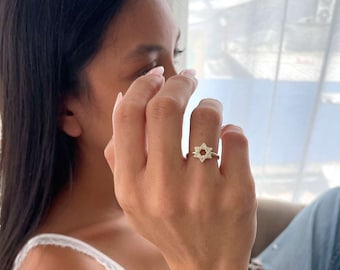 Anillo de estrella de David pequeña, anillo de estrella de David Magen, anillo ajustable de oro de 14 k sobre plata de ley 925