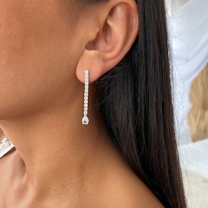 Silver 925 Tennis Earring, Teardrop Falling Earring, 14k Gold Drop Earrings, White Tennis Earrings, Pear CZ Long Eavning Earrings
