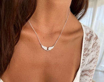 Gold Angel Wing Necklace, Minimalist Cubic Zirconia Pendant Necklace, Dainty Sterling Silver 925 Angel Wing Charm Necklace for Women
