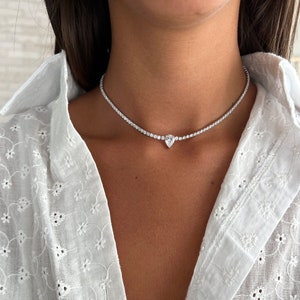 Tennis Necklace Silver 925, Teardrop Pendant Tennis Choker, Pear CZ Tennis Choker, Cubic Zirconia Tennis Choker Necklace, Rose Gold Choker image 1